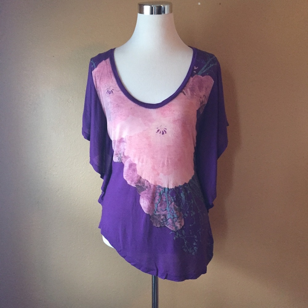 FreePeople Butterfly Sleeve Knit Top Purple Floral